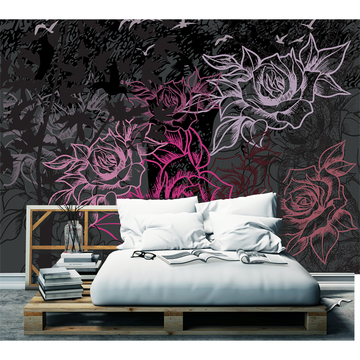 ARBRE ET OISEAUX ROSE SUR GRIS