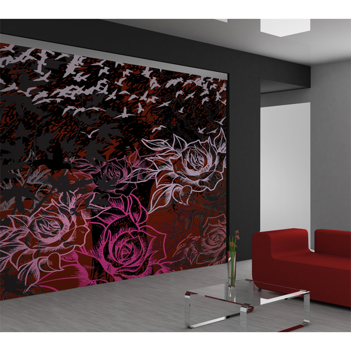 ARBRE ET OISEAUX ROSE SUR ROUGE