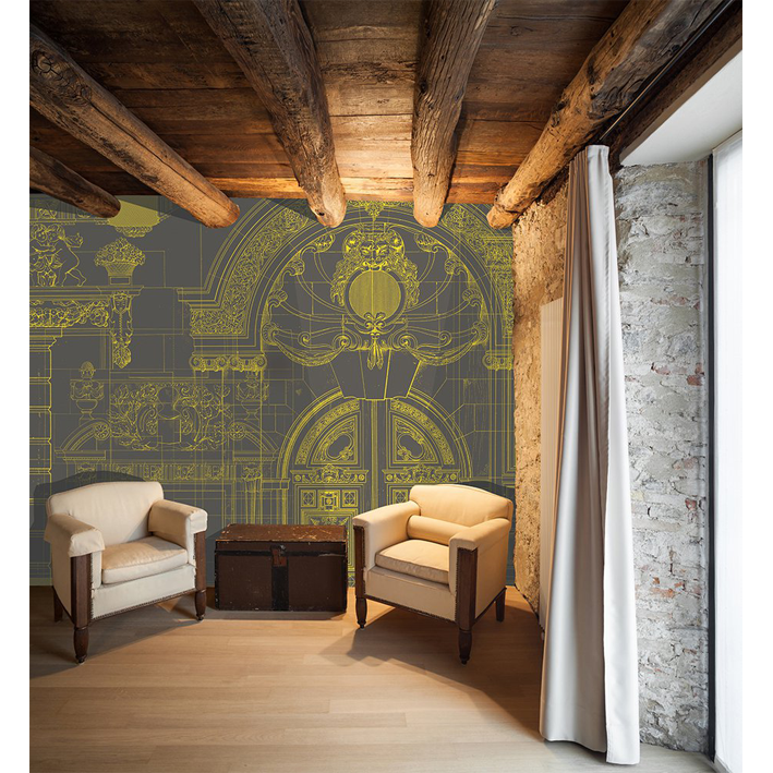 ARCHITECT'S DRAWING ON A TAUPE BACKGROUND” WALLPAPER