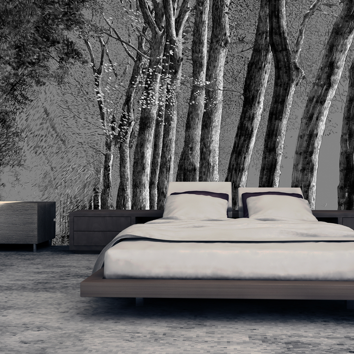FORÊT AU CRAYON NOIR SUR GRIS