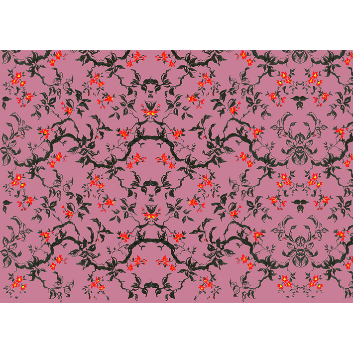 ARBRE ET FLEURS ROUGES SUR ROSE