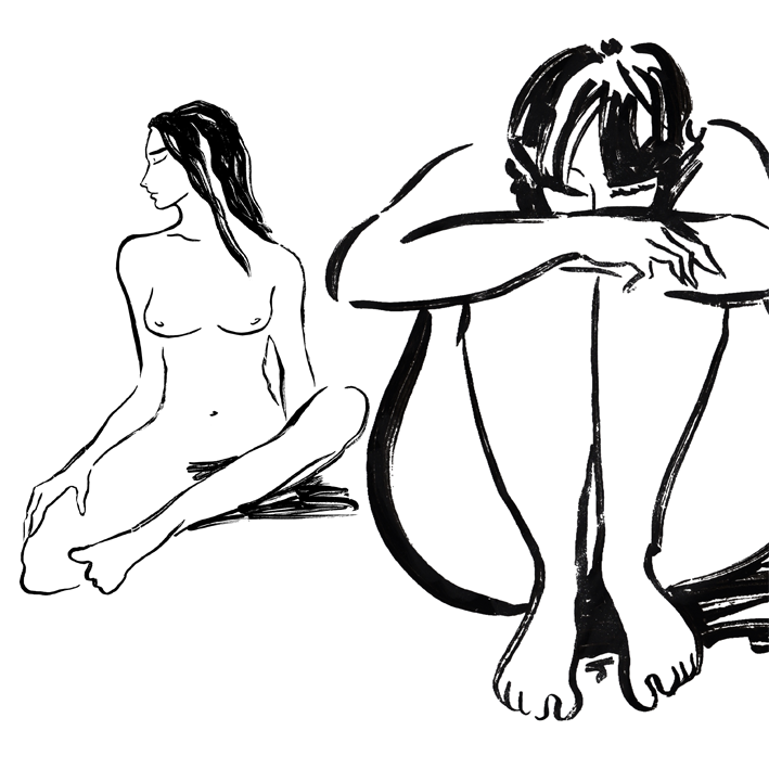NUS ACCROUPIS NOIR SUR BLANC