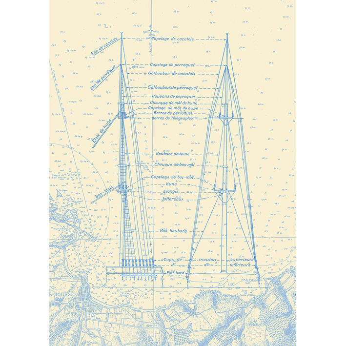 ON THE JIB, BLUE ON AN ECRU BACKGROUND