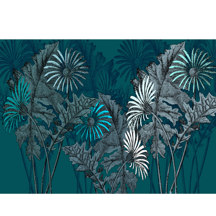 FLEURS BLEUES GÉANTES SUR FOND BLEU